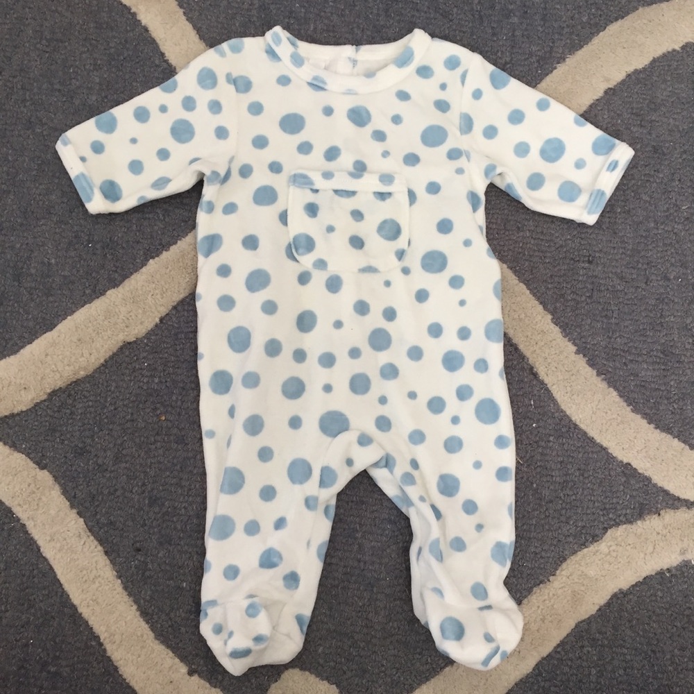 NWOT cozy & soft velour blue polka dot onesie